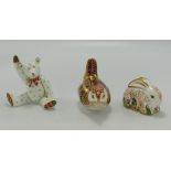 Three Royal Crown Derby paperweights baby Rowsley rabbit Teddy bear Victoria waving and Derby wren: