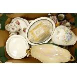 A mixed collection of items to include: Crown Devon lustre fruit bowl, similar cottage tea pot,