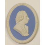 Wedgwood solid pale blue Jasper portrait medallion of Dr Joseph Preistly: c1931, h11.2cm.