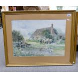 J Dennison Local Artist Framed Watercolour of Farmyard scene: overall 71 x 56cm