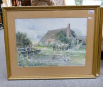 J Dennison Local Artist Framed Watercolour of Farmyard scene: overall 71 x 56cm
