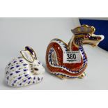 Royal Crown Derby Paperweights Dragon and seated rabbit (2):