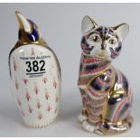 Royal Crown Derby Paperweights seated large cat and Penguin (2):