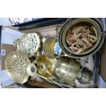 A mixed collection of items to include: Brass Oil Lamp Burner, Candlestick,