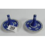 Wedgwood dark blue dip jasperware pair of ladies ring stands;