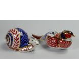 Royal Crown Derby Paperweights Snail and Pheasant (2): (no stoppers)