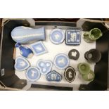 A collection of Wedgwood multi coloured jasper ware items to include: blue pin dishes and ashtrays,