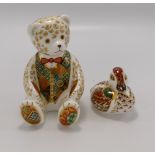 Two Royal Crown Derby paperweights Regal Goldie Bear and Bakewell Duckling: 444/1000 (bear).