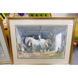 J Dennison Local Artist Framed Watercolour of Shire Horse scene: overall 71 x 54cm