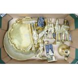 A large heavy box of brass items to include: police and miners figures, candlesticks,