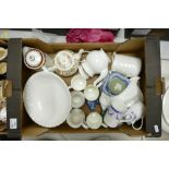 A mixed collection of items to include: undecorated dinner ware, Marlborough China jugs,