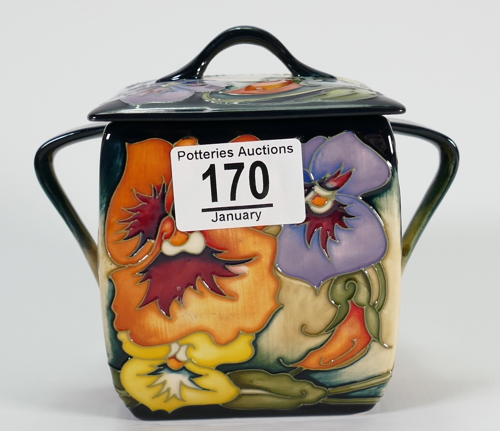 Moorcroft Pansy decorated Biscuit Barrel:limited edition, signed Emma Bossons, height 12cm,