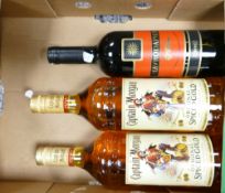 A mixed collection of alcoholic spirits to include: Mavrodaphne sweet red wine and two litre