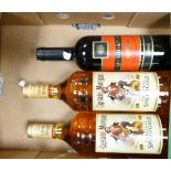 A mixed collection of alcoholic spirits to include: Mavrodaphne sweet red wine and two litre