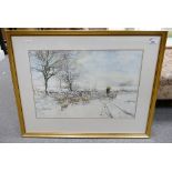 J Dennison Local Artist Framed Watercolour of Winter Farmyard scene: overall 71 x 56cm