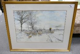 J Dennison Local Artist Framed Watercolour of Winter Farmyard scene: overall 71 x 56cm
