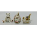 Three Royal Crown Derby paperweights firecrest meadow rabbit and teddy bear Edward: Boxes and gold