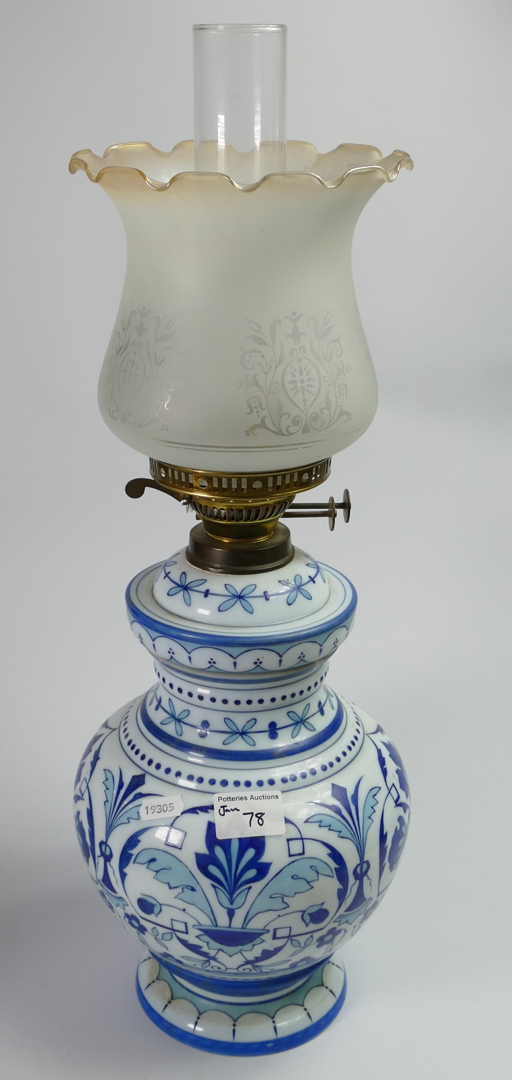 Early 20th Century Decorated Glass Oil Burner Table Lamp: nips noted to rim,