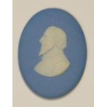 Wedgwood solid pale blue Jasper portrait medallion of Rochester: c1820, h8.2cm.