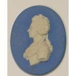 Wedgwood pale blue Jasper portrait medallion of Adam Clarke: Wesleyan minister c1800, h9.7cm.