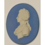 Wedgwood pale blue Jasper portrait medallion of Comtesse Meerman: c1800, h11cm.
