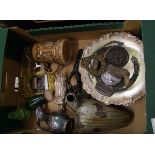 Metal ware items to include: vases, pilgrim tokens, Japanese bronzed lid decorative mirror etc