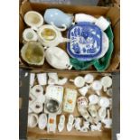 A mixed collection of items to include: blue & white lidded tureen, egg cups, tea and coffee pots,