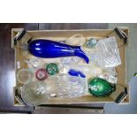 A collection of glass to include paperweights: decanter, RCR vase, large ewer etc