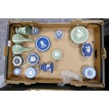 Wedgwood jasper ware to include: sage green vases and lidded boxes, dark blue vase , egg box blue