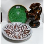 Two Studio Pottery dishes: together with treacle glazed toby teapot, height of teapot 21cm