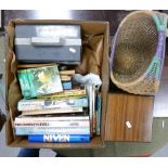 A mixed collection of items to include: Eumig 8 projector, small wooden table, wicker basket, hard