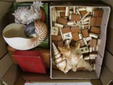 A mixed collection of items to include: mahjong set, sea shells, travel games etc