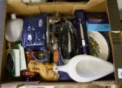 A mixed collection of items to include : Royal Worcester boxed items, salt glazed dog figure, carved