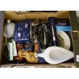 A mixed collection of items to include : Royal Worcester boxed items, salt glazed dog figure, carved