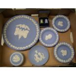 Wedgwood blue jasperware items: Christmas thimbles, lidded pots, pin dishes etc.