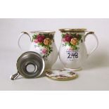 Two large Royal Albert Old Country Roses tea mugs: with strainers and lids.