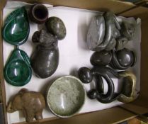A collection of modern soft stone carved figures: including elephants, figure groups etc