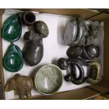 A collection of modern soft stone carved figures: including elephants, figure groups etc