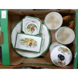 Copeland Spode hunting scene items to include: two tankards, lidded box, pin dishes, plates, etc
