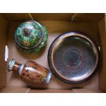 Three oriental cloisonne items: vase, lidded pot and shallow bowl (3).