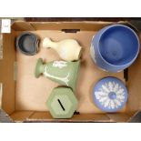 Wedgwood jasper ware items to include: sage green vase and money box, blue planter, yellow vase etc