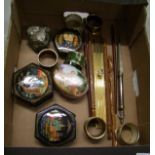 A mixed collection of items to include: Russian lacquered boxes, enamelled napkin rings etc