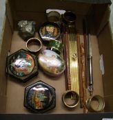 A mixed collection of items to include: Russian lacquered boxes, enamelled napkin rings etc