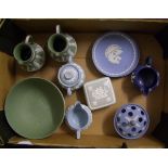 Wedgwood jasper ware to include: green bowl, jugs, wall plates, Queensware milk jug etc