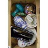 A collection of Oriental themed items to include: lidded pot, vases, plates, etc