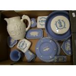 A collection of Wedgwood jasper ware: to include plates, footed bowl ( chip to rim), vases, lidded