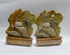 Relief Decorated Soft Stone Chinese Scultures: decorated with Lotus & King Fishers , height 18cm(2)