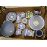A collection of Wedgwood jasper ware: to include bowl, vases, lidded boxes, Christmas plate etc (1