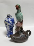 A collection of Chinese items to include Yixing Teapot, Porcelain Parrot & damaged blue & white