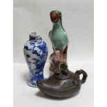 A collection of Chinese items to include Yixing Teapot, Porcelain Parrot & damaged blue & white